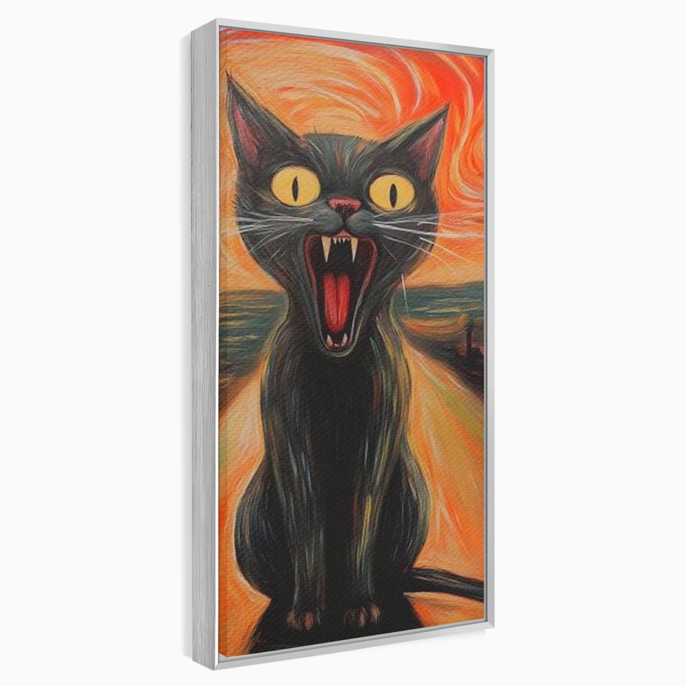 Tablou canvas cu tablou canvas cu pisica neagra care urla, in rama de aluminiu argintiu